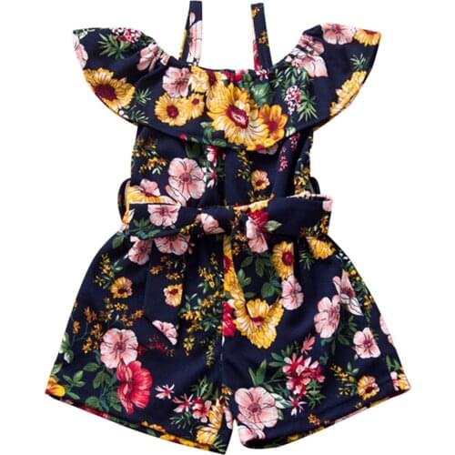 Fashion Girls Clothing Summer Flower Print Off Shoulder Ruffle Sling Playsuit for Birthday Party Photography