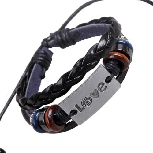 Fashion Peace Love Men Women Bracelet Wrap Wristbands Black Leather Beads Alloy Retro Charms Bangle Vintage Casual Punk Jewelry