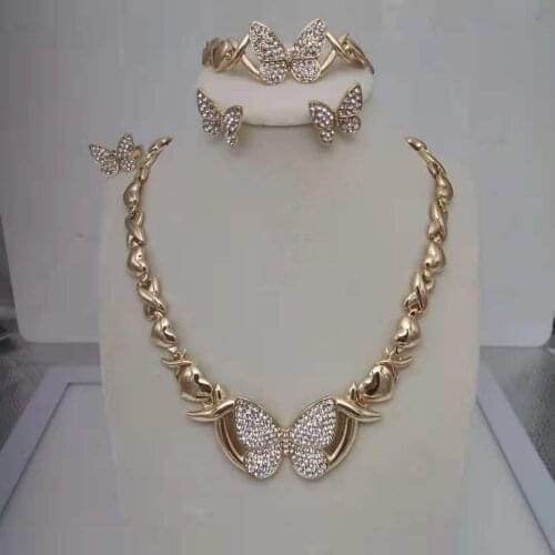 Butterfly Nigeria Jewelry Fashion Dubai Gold Jewelry Set Necklace Bracelet Earring Set Ladies Wedding Gift
