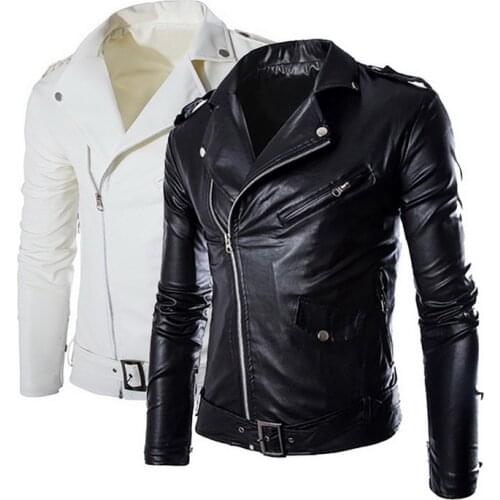 Men Slim White Leather Jackets Oblique Zipper Motorcycle Jackets New Men Outwear Moto Biker Leather Coats Size 4XL