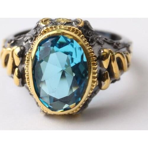 Blue Aquamarine Mans Handmade 925 Silver Ring, Handmade 18 K Gold Plated Oval Shaped Light Blue Blue Aquamarine Sterling Silver