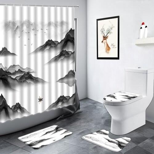 Chinese Style Ink Painting Shower Curtains Set Black Mountain Water Landscape Bathroom Decor WC Carpet Non-slip Toilet Bath Mats