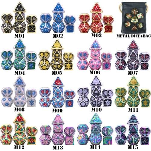 Delicate Shiny Metal Dice Set 15 Colors +1pc Bag 7pcs/set D4 D6 D8 D10 D12 D20 for Role Playing DND RPGs Board Game As Gift