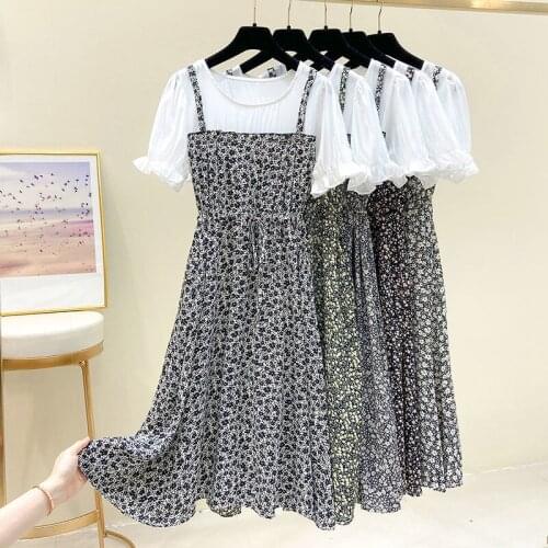 2021 summer new suspenders fake two-piece dress womens age-reducing and meat-lean floral skirt