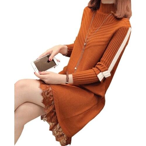 Autumn Winter New Women Dress Solid Lace Knitted Sweater Dresses Fashion Turtleneck Pullover Female Knitted Dress Vestidos P110
