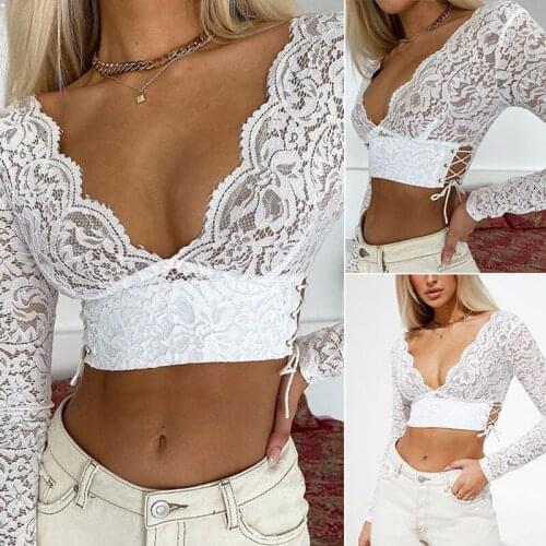Kili Lace V Neck Sexy Long Sleeve Crop Top T-Shirt Women Winter Fall Club Party Clothes Tee Fashion Elegant T Shirt