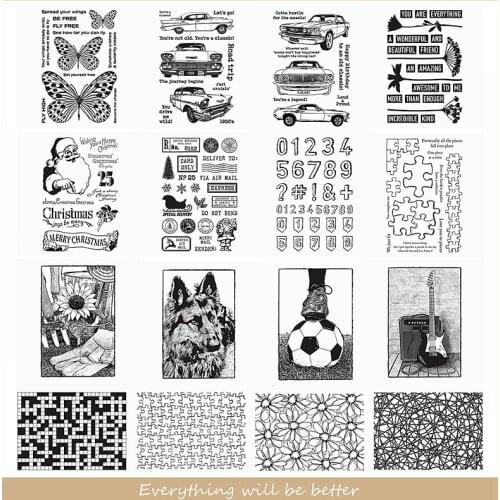 Clear Silicone Stamps Cars Butterfly Santa Flower Numbers Wolf Guitar Football Puzzle Background Letters Embossing Paper Cards
