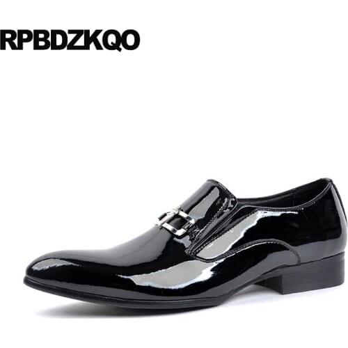 Luxury Large Size Italy Metal Tip Italian Pointed Toe Men Black Patent Leather Dress Shoes European Wedding Genuine Formal Real