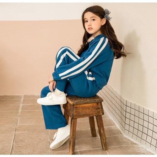 8 10 years Korean style Kids Girls Hoodie Suit 2021 Spring Striped Solid Color Loose Sports Clothes Set