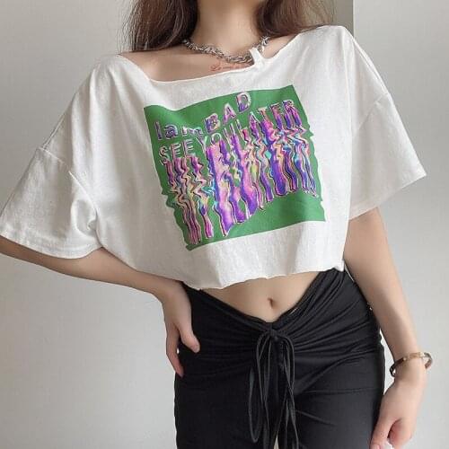 2021 Woman Casual Short Summer Fashion Loose Cute Sexy Print Letters Short Sleeve Tee Chain Halter White Cotton T-Shirt Crop Top