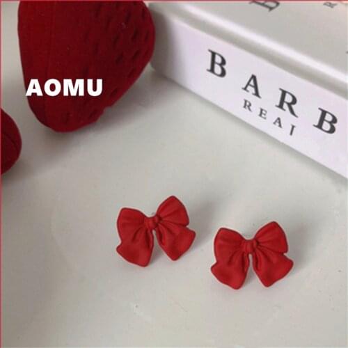 AOMU 2020 S925 New Trendy Black Red Sweet Bow Metal Spray Paint Stud Earring for Female Simple Jewelry Hot Sell Christmas Gifts