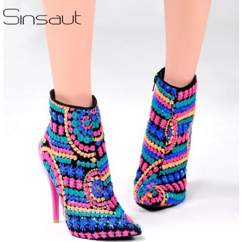11.11 Sinsaut Shoes Women Winter Boots Fuchsia Sequined Cloth High Heels Ankle Boots for Women Trending Ponted Toe Warm Boots
