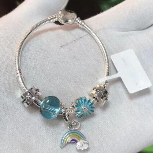Hot Sale New 925 Sterling Silver Rainbow Pendant Daisy With Classic Heart Bracelet Fit Womens Party Gift Wedding Diy Jewelry