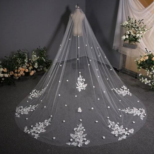 Hot Sale New Appliqued Flowers Lace long Bridal Bride Wedding Veil Luxurious One layer Wedding accessories Velo De Novia Ivory