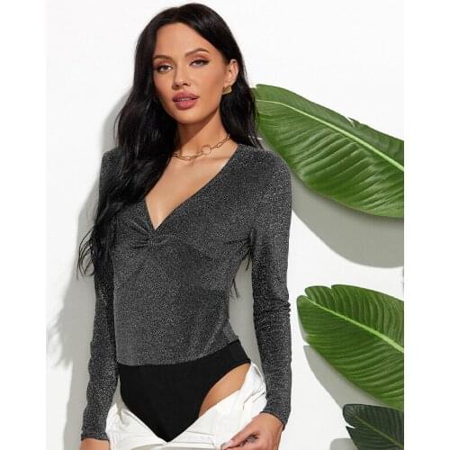 Women Y2K Sexy Club Outfits Deep V Neck Bodycon Glitter Bodysuit Elegant Ladies Patchwork Long Sleeve Sparkly Bodysuit Plus Size