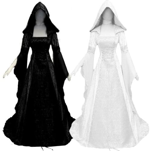Gothic Maxi Dresses For Women Autumn Hooded Dress Square Collar Vintage Long Sleeve Cosplay Dresses Flare Sleeve Party Dress New