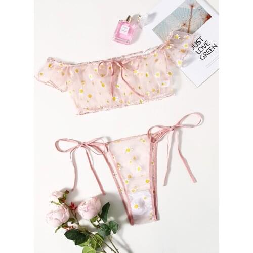 Womens Sexy Mesh Sheer Two-piece Lingerie Set Perspective Daisy Print Off Shoulder Bra Lace-up Panties Erotic Set Nightwear
