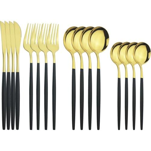16Pcs Black Gold Cutlery Set Knife Fork Dessert Spoons Dinnerware Set Stainless Steel Tableware Set Party Kitchen Silverware Set