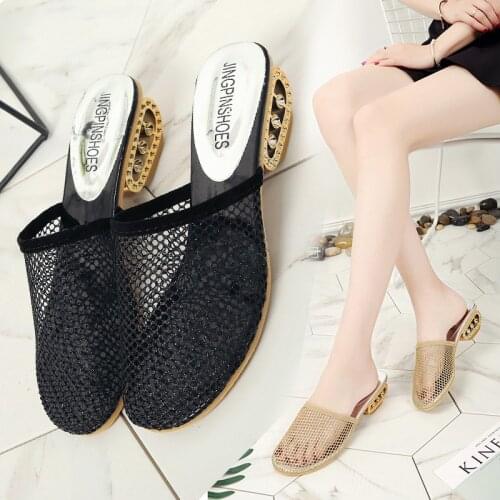 2021 new mid-heel sandals female thick heel Baotou hollow slippers breathable mesh sandals large size 43