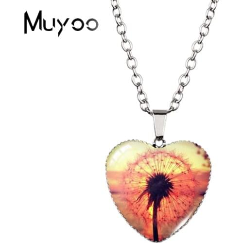 2021 New Dandelion with Sunset Oil Paintings Glass Cabochon Heart Pendants Handcraft Necklace HZ3