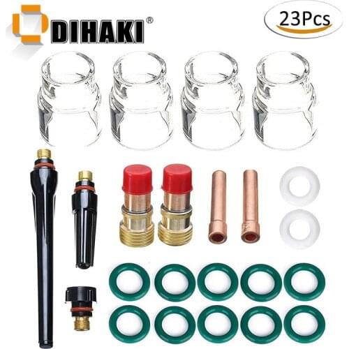 23PCS TIG Stubby Gas Lens 17GL332 3/32inch 12 Pyrex Cup TIG Gas Lens Alumina Nozzle Kit for DB SR WP-17/18/26 TIG Welding Torch