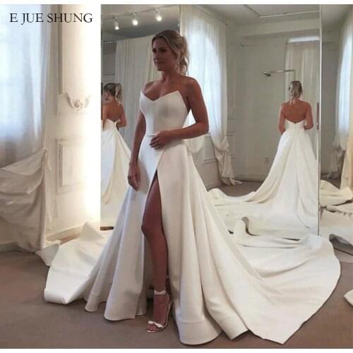 E JUE SHUNG White Satin Simple Wedding Dresses V-neck Side Slit Wedding Gowns Bride Dress robe de mariee