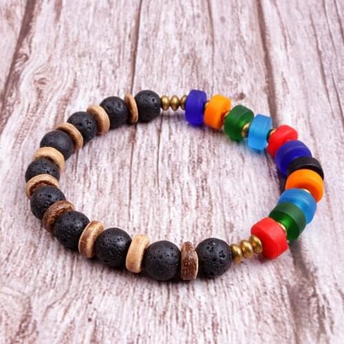 Handmade Natural Lava Stone & Colored glazed beads Bracelet