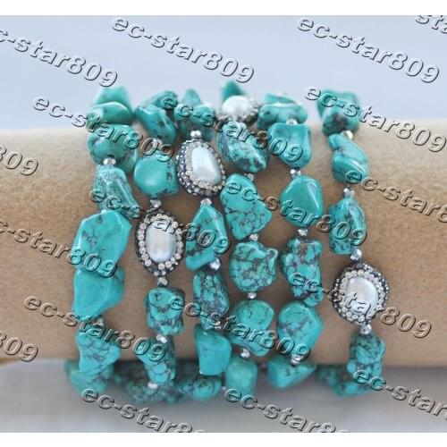 Z11364 6Row 8" 14mm Baroque Blue Turquoise White Pearl CZ Bracelet Magnet