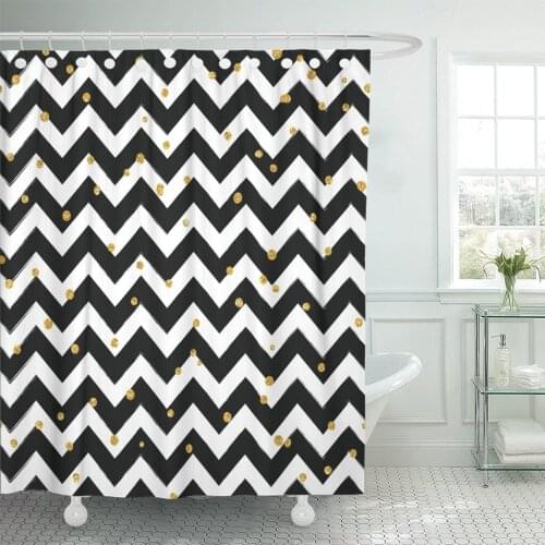 Black Gold Confetti on Stripe Chevron Celebration Christmas Cute Shower Curtain Polyester Fabric 72 x 78 inches Set with Hooks