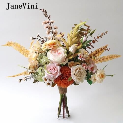 JaneVini Vintage Autumn Bridal Silk Bouquet Champagne Pink Roses Flowers Hydrangea Wedding Bouquets Fleur Artificielle Mariage