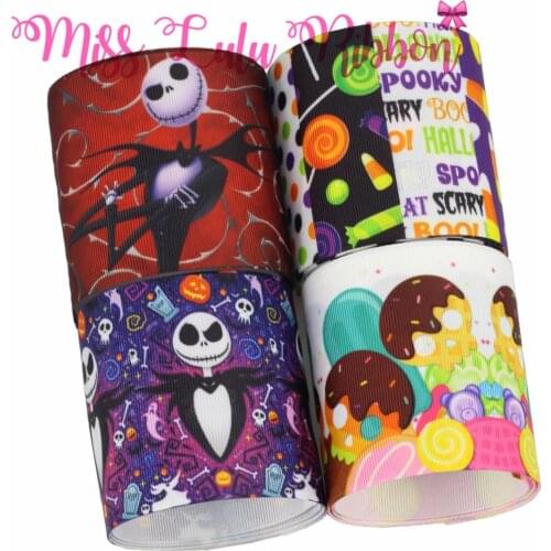 16mm-75mm Halloween Skull Candy Printed Grosgrain/Foe Ribbon DIY Hair Band 50yards/roll Bowknots Making