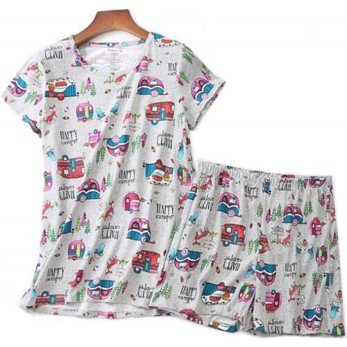 Summer Female Casual Cartoon Pajama sets Ladies 100% Cotton Sleepwear suit Women pijama mujer grande Ladies pajama short sets