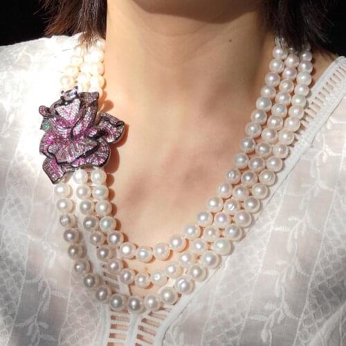 Lii Ji Real Pearl Statement Necklace Big Rose Freshwater Pearl Necklace 55cm Women Jewelry Nice Gift