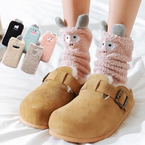 2021 New coral velvet ladies socks cartoon Little Monster embroidered with velvet snow floor socks ear half velvet home socks