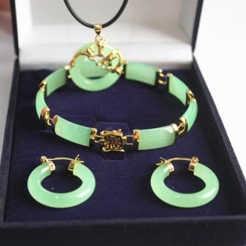 New! womans noblest green jade dragon pendant earring bracelet jewelry set