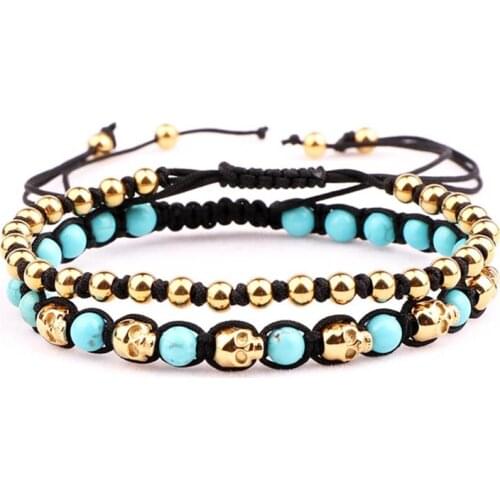 Fashion New Style Stainless Steel Skull Beads Natural Stone Woven Bracelet Men Women Jewelry