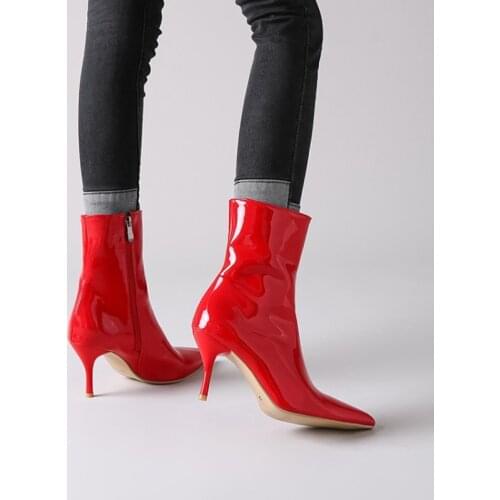 Ochanmeb Elegant Shiny Patent Leather Women Stiletto Heels Ankle Boots Big Plus Oversized 47 Black Red White Heels Booties Woman