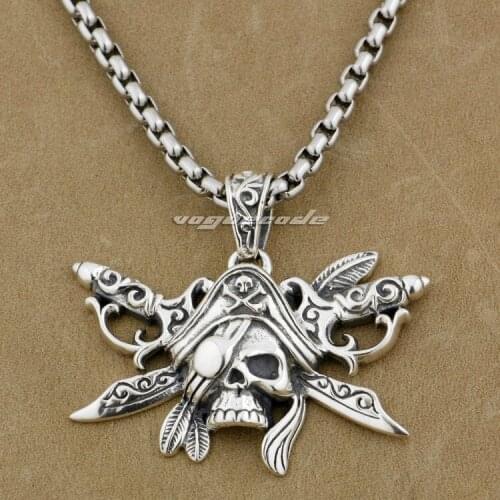 Punk Rocker Fashion Solid 925 Sterling Silver Cool Mens Biker Pirate King Skull Pendant 9J021