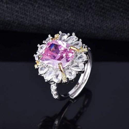 Luxury Jewelry Geometric Flower Rings Inlay Square Pink Zircon Adjustable Two Color Golden Ring For Women Wedding Anniversary