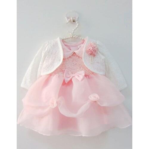 Toddler Pink Petal Baby Baptism Dress Bead Lace Princess Infant Wedding Gown with Jacket 1 Year Baby Girl Birthday Party Wear