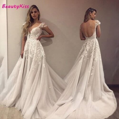 Sexy Backless A-Line Wedding Dresses Sparkling Beaded Tulle Bridal Dress Deep V-Neck Appliques Wedding Gowns Robe De Mariee