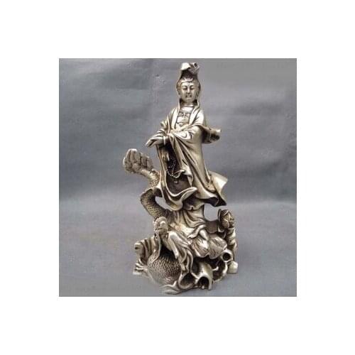 Decoration Tibet copper silver 9 Buddhism White Copper Silver Ride Dragon Kwan-yi Guan Yin Boddhisattva Statue SD 506
