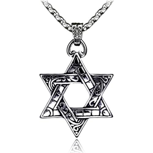 Vintage Star of David Hexagon Star Pendant Necklaces for Men Women Dainty Pattern Stainless Steel Rock Necklace Jewelry LN3024