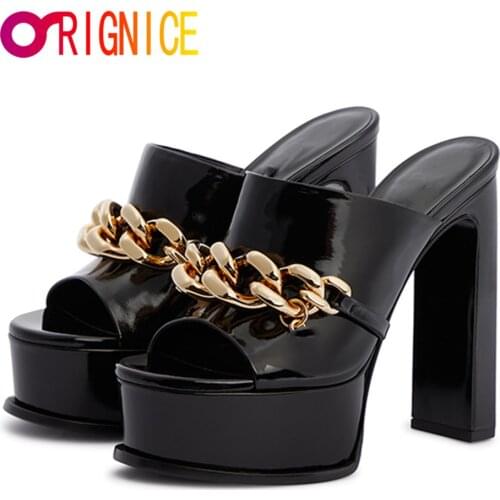 Orignice Trendy Chain Platform Sandals Chunky Super High Heels Summer Women Slippers Patent Leather Peep Toe Sexy Party Shoes