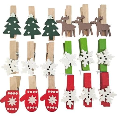 12Pcs Wooden Snowflake Elk Photo Clips Clothespin Clips School Office clips Color Christmas Tree Decorations DIY Xmas Supplies