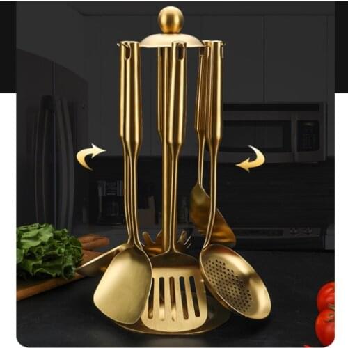7pcs Gold Spoons Stainless Steel Soup Shovel With Rack Cookware Kitchen Utensils Cooking Tools Home Restaurant Accessories