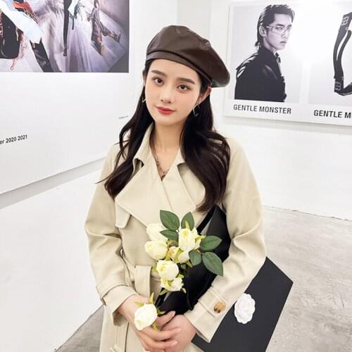 Women Girl Beret French Artis Real Leather Winter Beanie Hat Cap Vintage Plain Beret Hats Solid Color Elegant Lady leather Caps