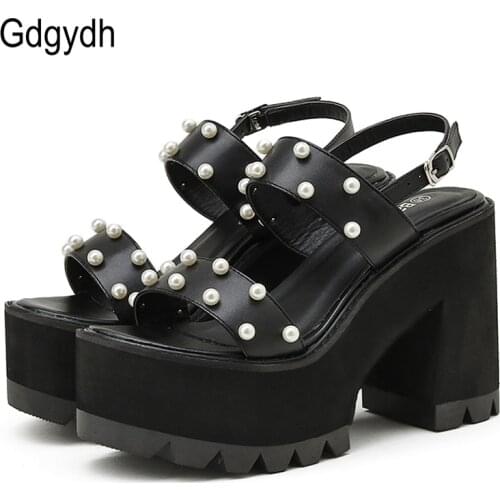 Gdgydh Retro Pearl Chunky Heel Sandals For Gothicgirl Platform Thick Bottom Comfortable Women Gladiator Sandals With Buckle