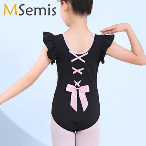 New Summer Kids Cotton Ballet Dance Dress Sleeveless Criss Cross Back Bowknot Decor Girls Bodysuit Dance Gymnastics Leotard