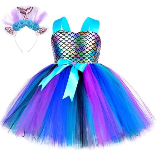 Little Mermaid Dress Girls Princess Tutu Dress Birthday Party Decoration Kids Halloween Carnival Mermaid Cosplay Costume Outfits